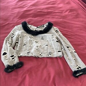 Stylish Gray Distressed Women's Top with Black Accents